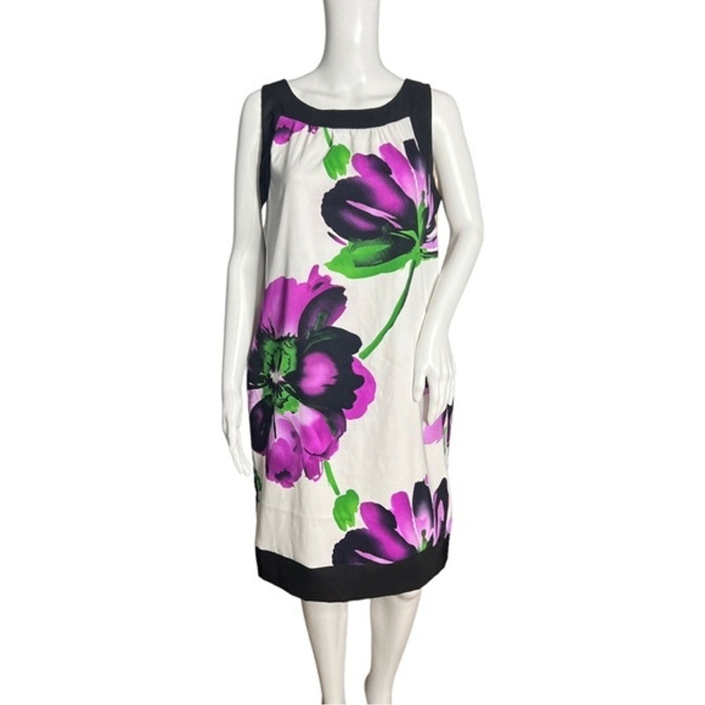 Alyx Dress Womens 12 White Purple Floral Shift Black Trim Flower Bold Preppy